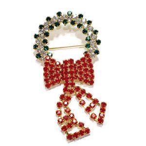 Rhinestone Christmas Wreath Brooch Red Bow